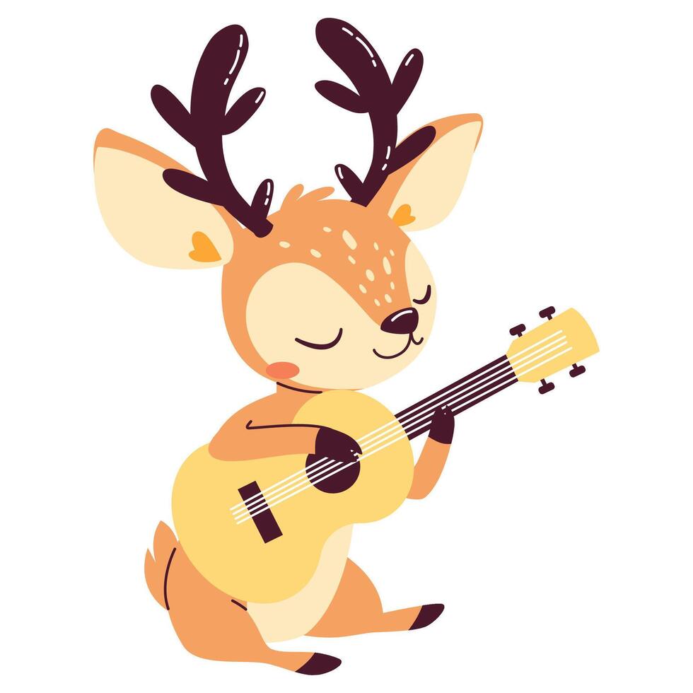 Cute reindeer playing guitar, flat illustration, kids style vector