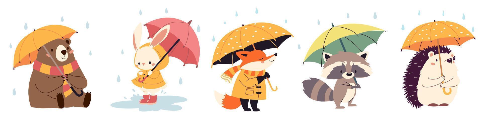 Set of flat illustrations in children's style. Cute animals in raincoats and with umbrellas. Hedgehog fox bear raccoon hare in the rain vector