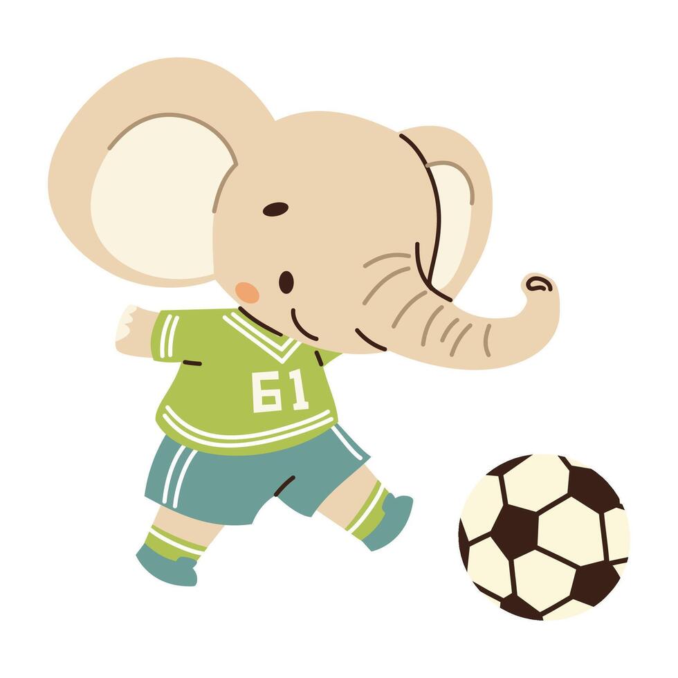 Cute illustration in children's style. Cute elephant playing soccer in uniform. Illustration on white background vector