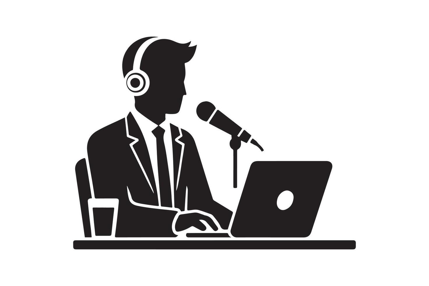 a man in a suit and headphones is sitting at a desk with a laptop vector