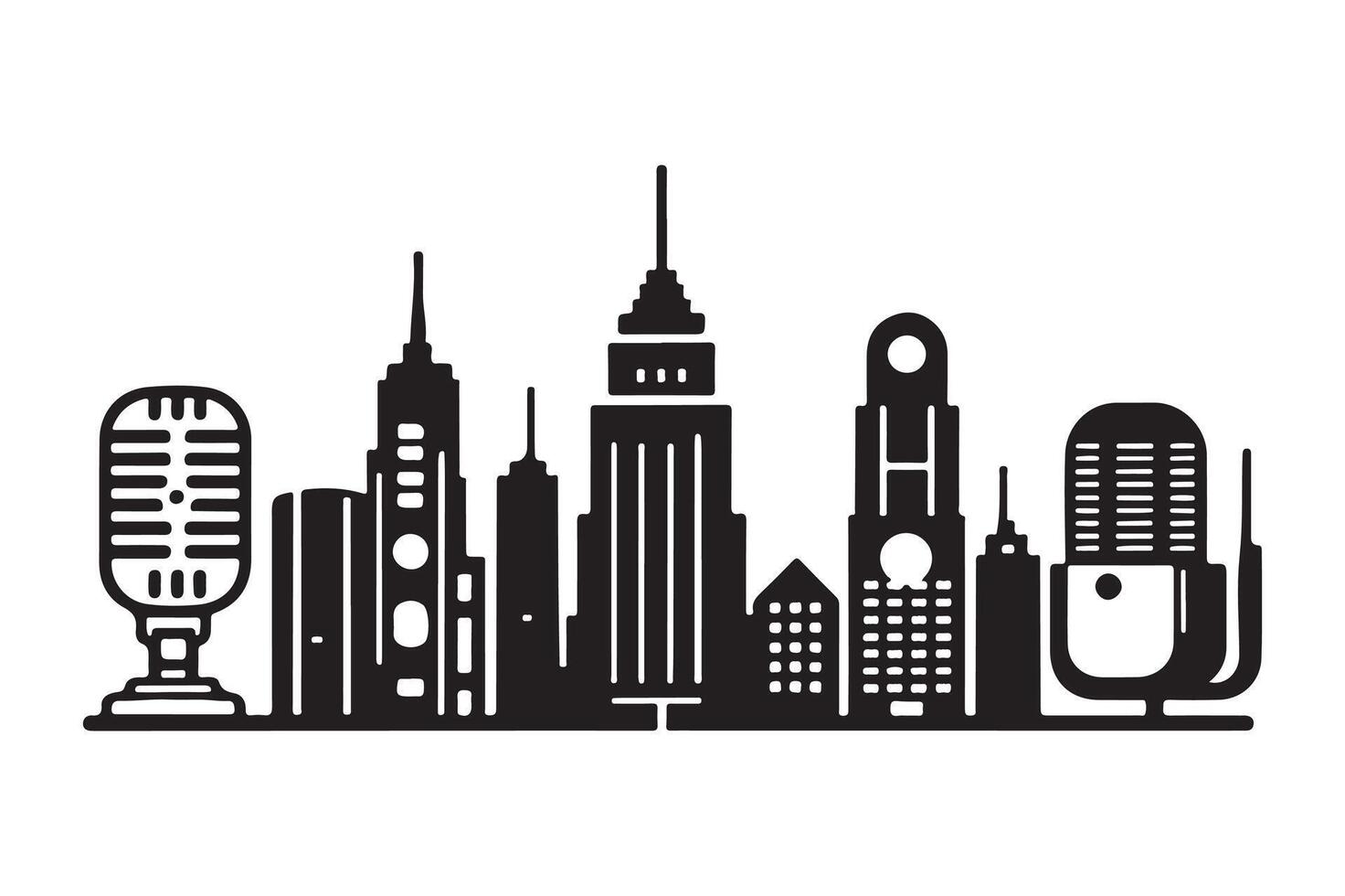 a black and white illustration of a microphone and a cityscape vector
