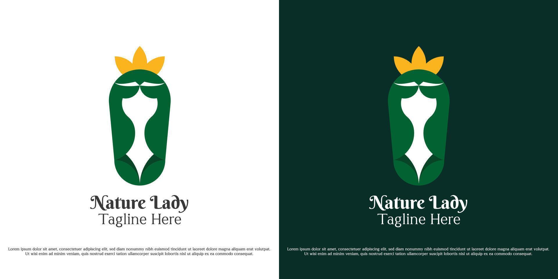 Queen nature logo design illustration. Silhouette of girl woman queen leaf green forest fresh flower flora character. Botanical geometric abstract minimal simple icon symbol. vector