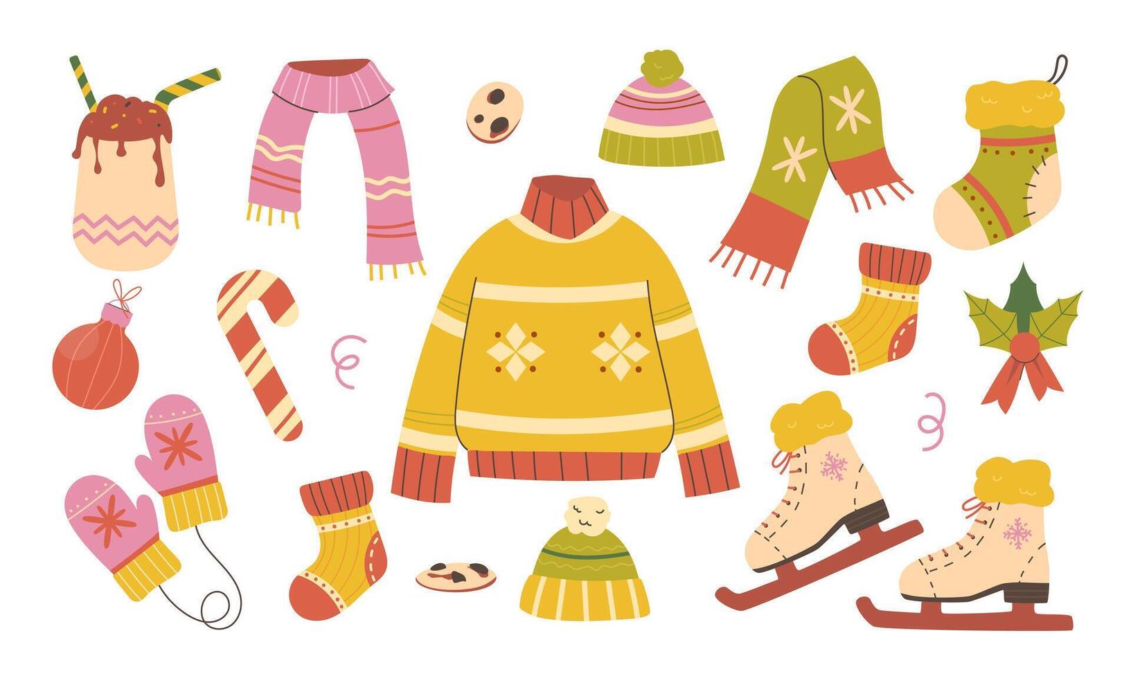 Happy holidays elements set. Christmas set jumper, mittens, mush, skates vector