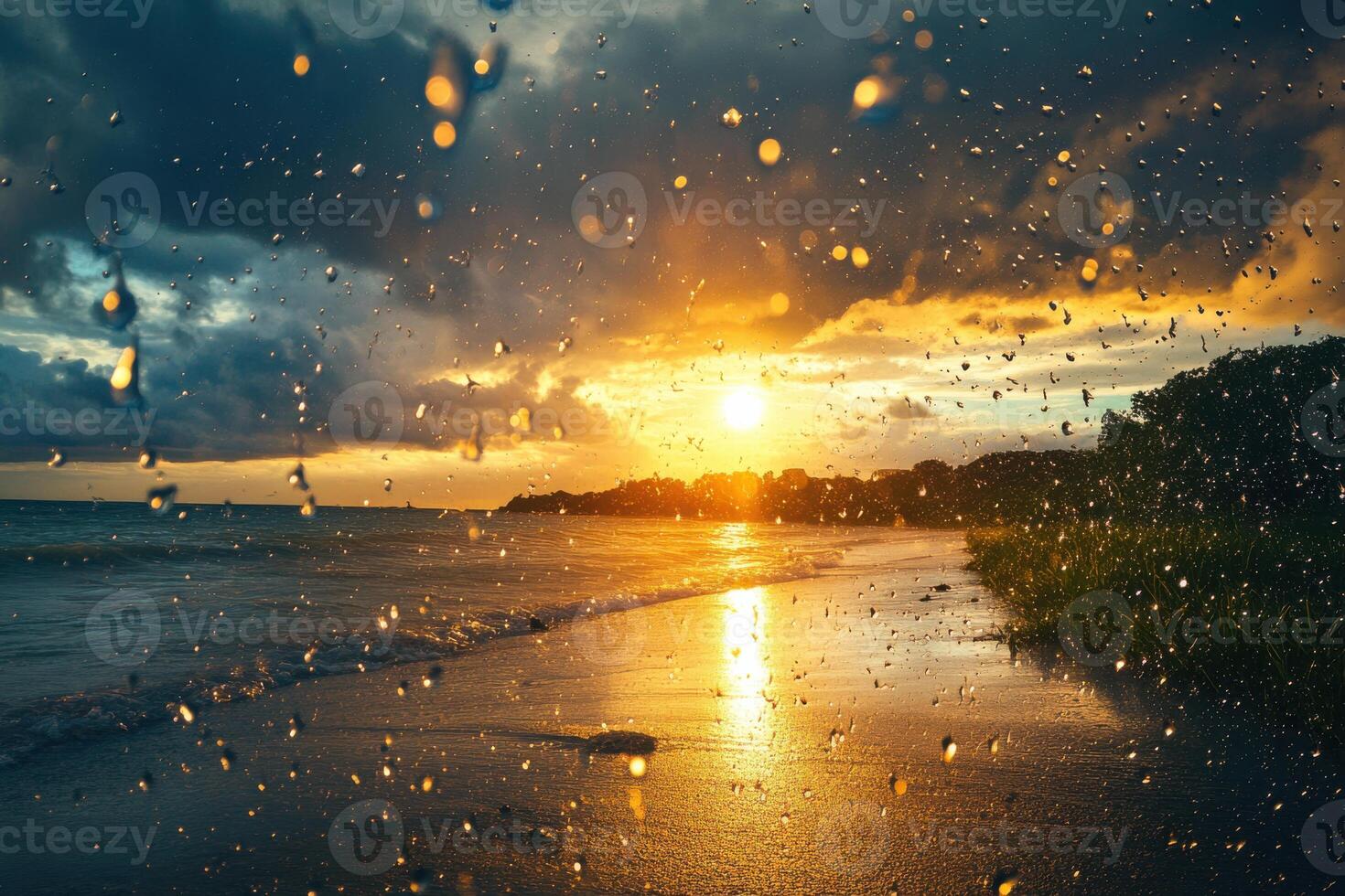 Golden sunset over the ocean with raindrops glistening on the shore during twilight hours photo