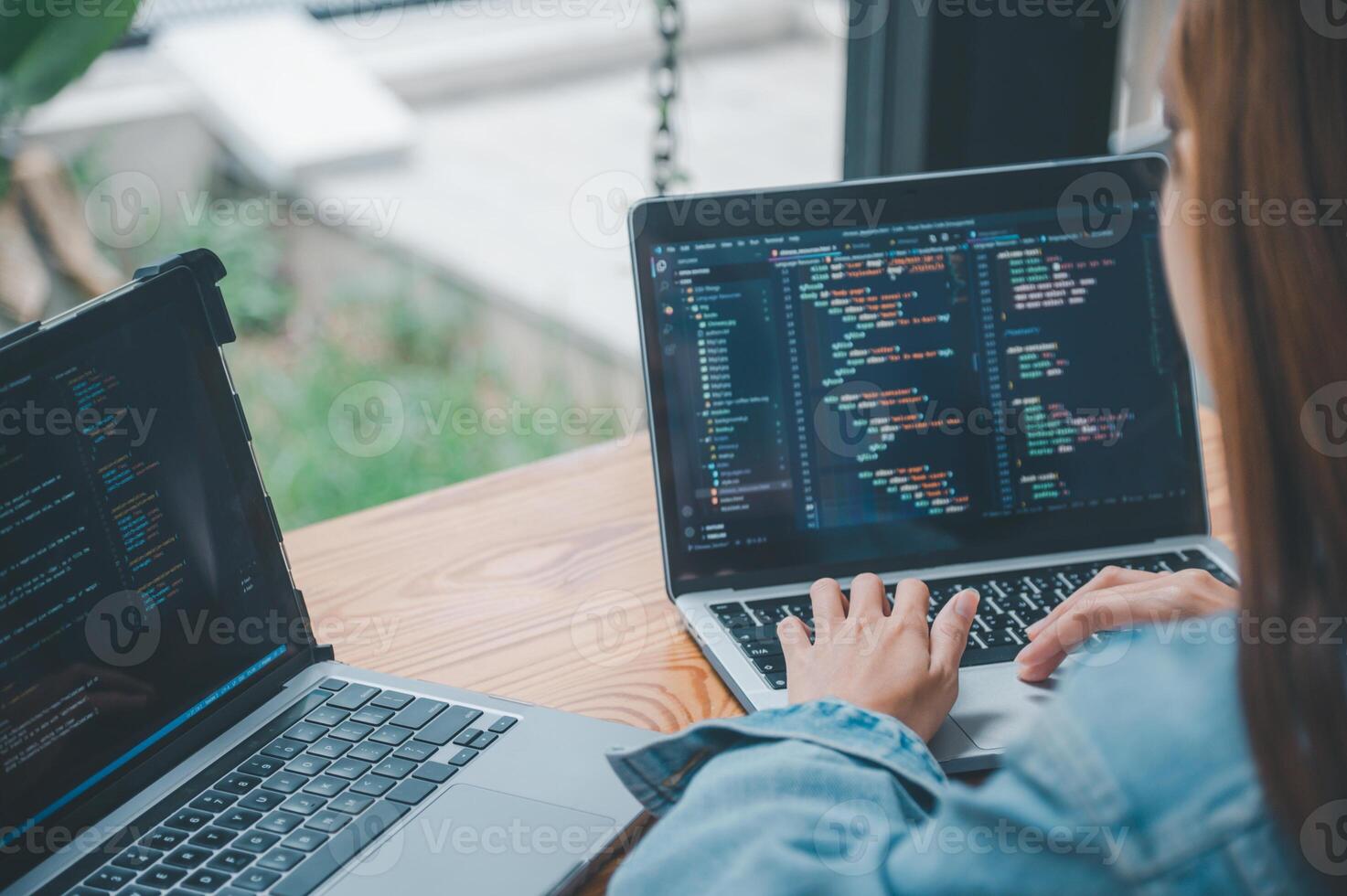 Female programmer working on coding, software development and web design.Concept technology development. photo