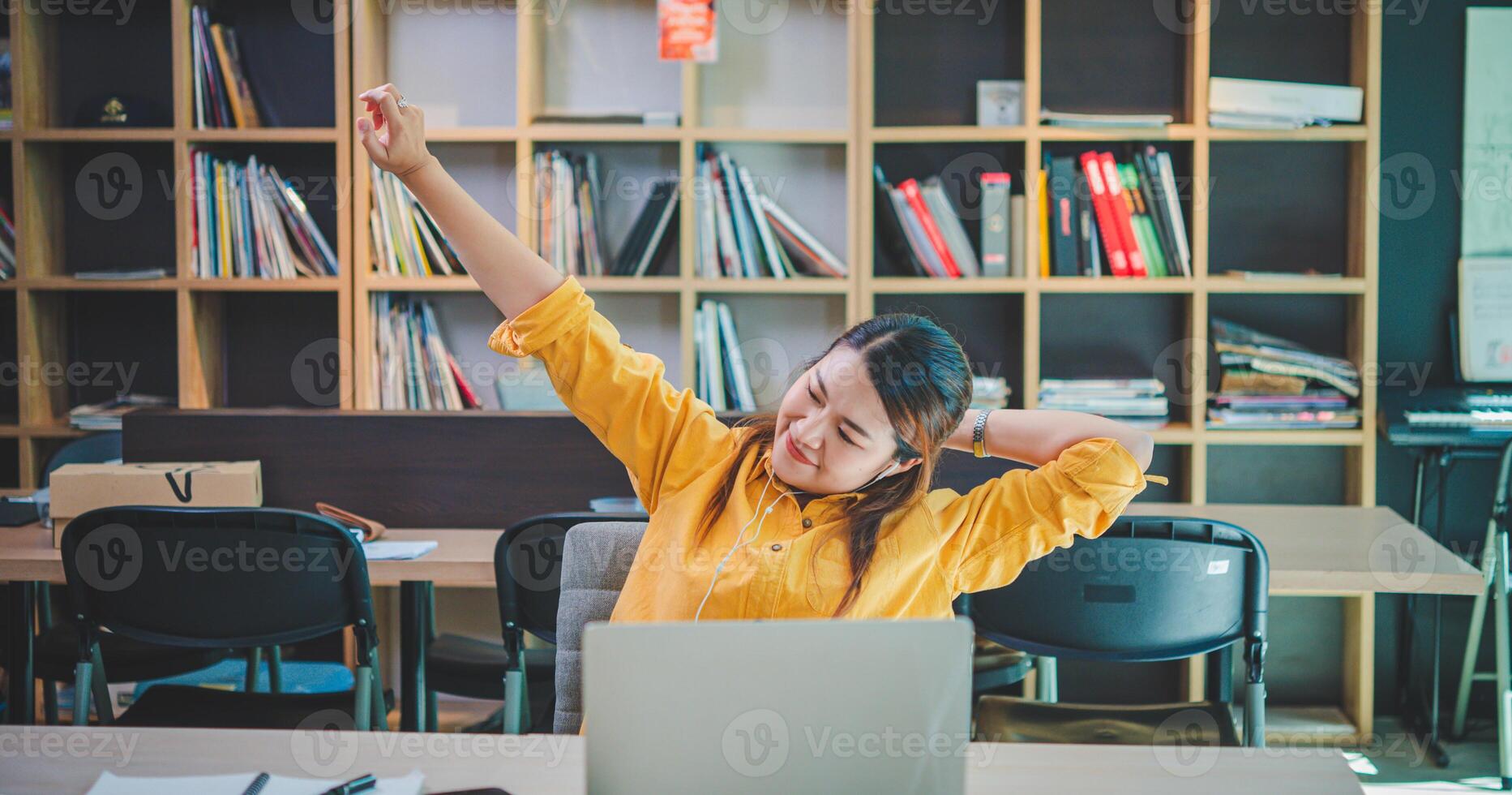 businesswoman is doing a relaxing pose to relieve fatigue after working for a long time. photo