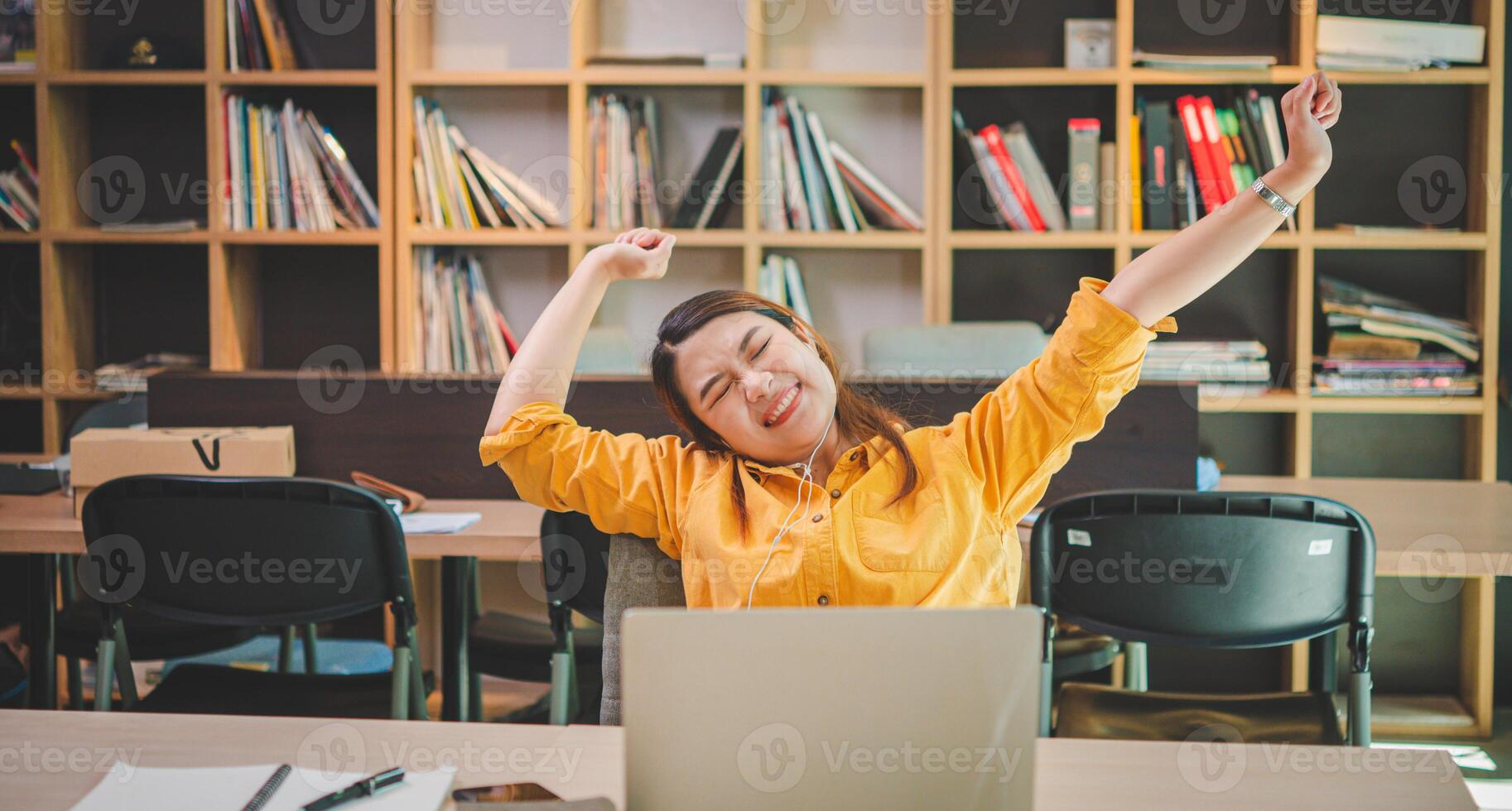 businesswoman is doing a relaxing pose to relieve fatigue after working for a long time. photo
