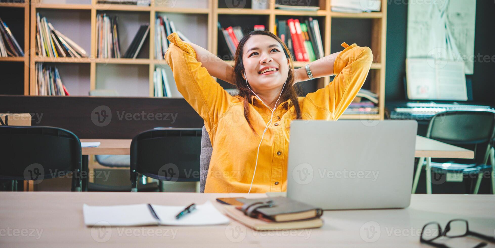 businesswoman is doing a relaxing pose to relieve fatigue after working for a long time. photo