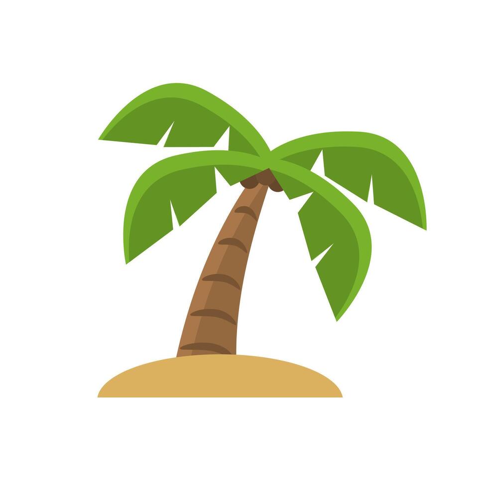 Palm tree illustration with brown trunk and green leaves on small beach suitable for travel brochures, tropical vacation websites, tropical nature themes vector