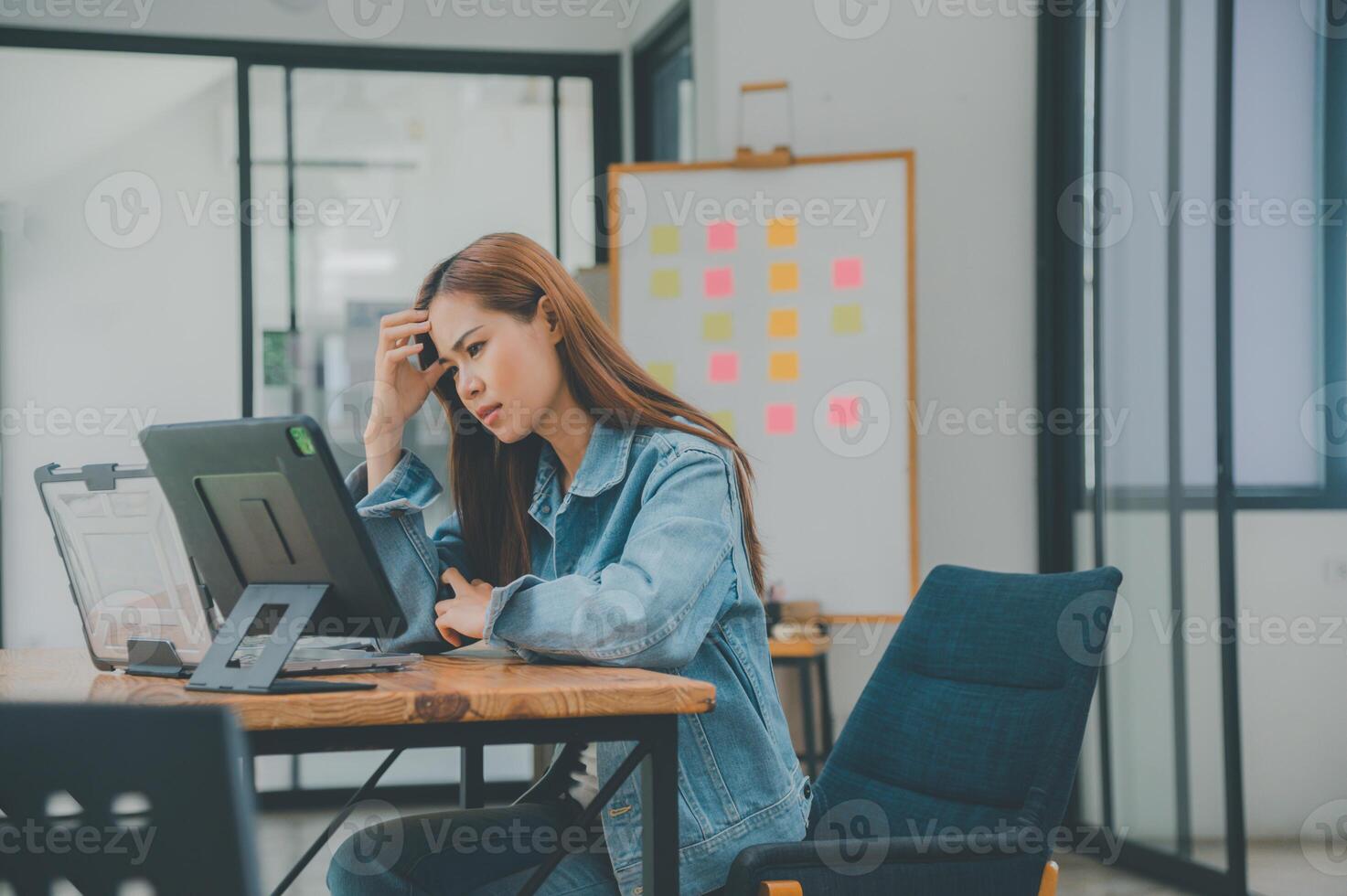 Female programmers are thinking and planning to work on programming, software coding and web design.Concept technology development. photo