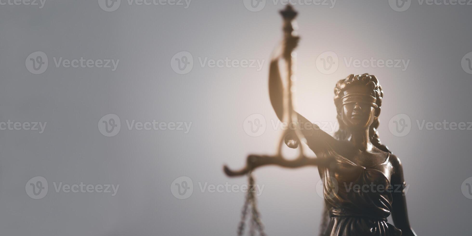 Lady justice,Law theme, mallet of the judge, law enforcement officers, evidence-based cases and documents taken into account. photo