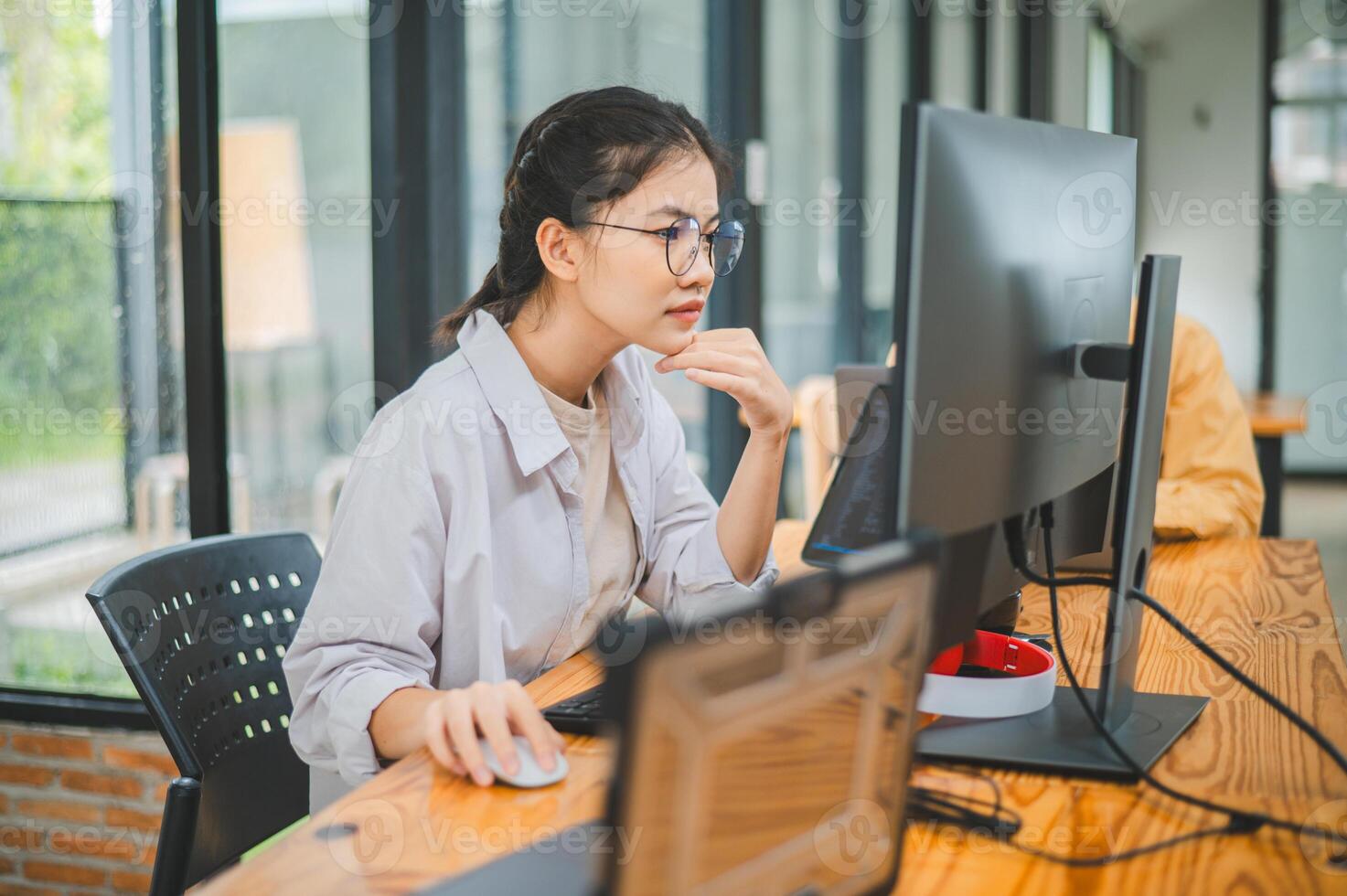 Female programmer working on coding, software development and web design.Concept technology development. photo