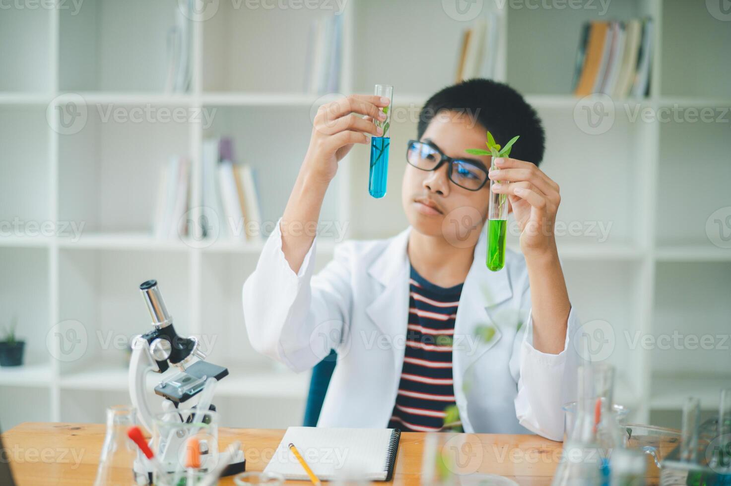 Asian male science students looking through a microscope and tests of plants in the classroom. Learning about scientific experiments on plant species. photo
