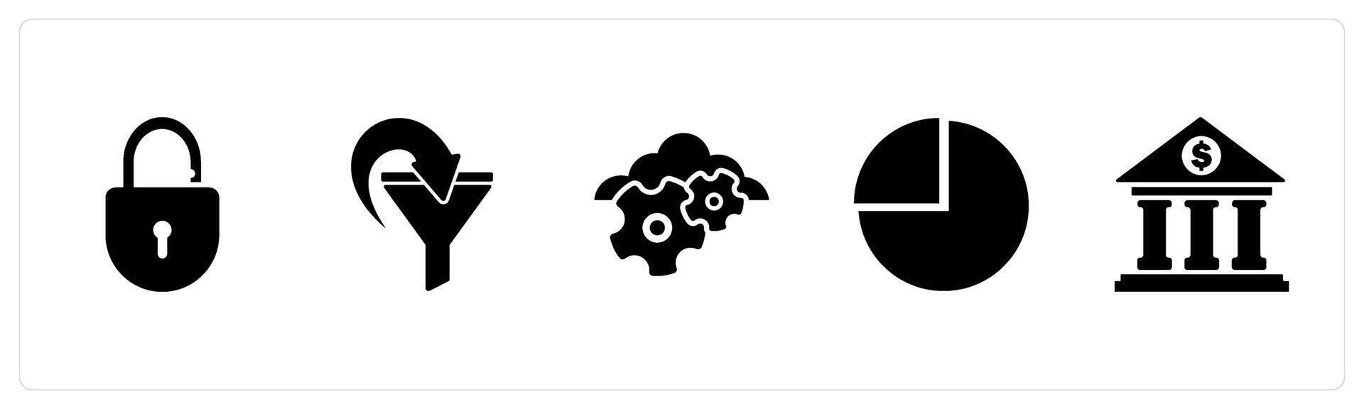 A set of 5 Business icons as open lock, filter, cloud settings vector