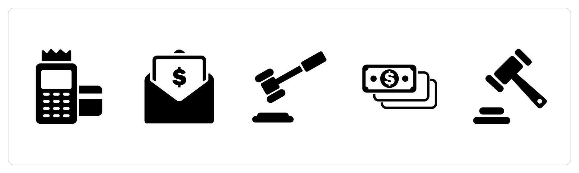 A set of 5 Business icons as card swipe machine, salary mail, law vector