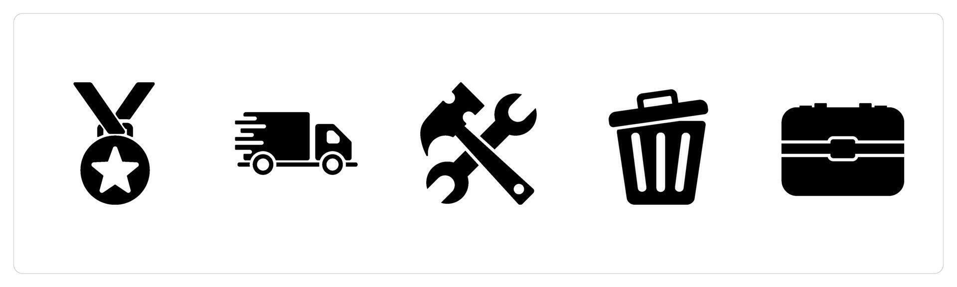 A set of 5 Mix icons as star medal, delivery van, hand tool vector