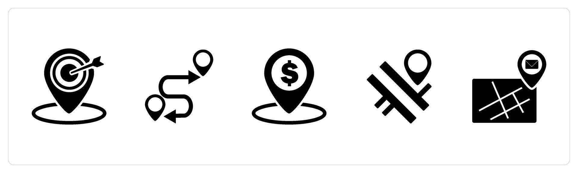 A set of 5 Business icons as target location, route map, bank location vector