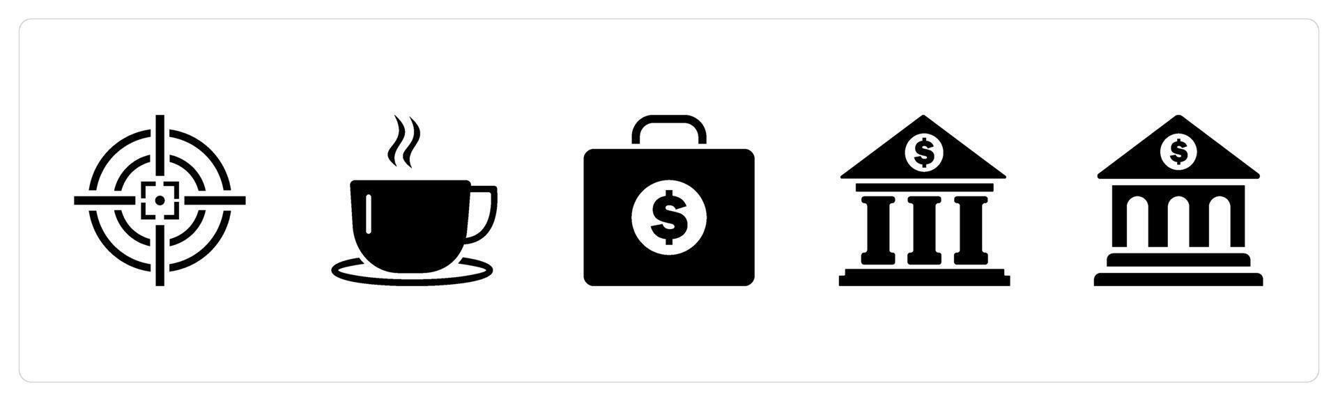 A set of 5 Business icons as aim, hot beverage, money briefcase vector