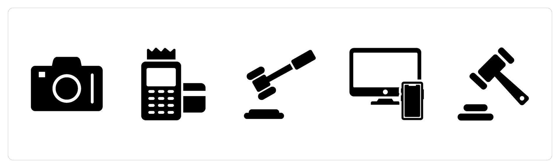 A set of 5 Business icons as dslr, card swipe machine, law vector