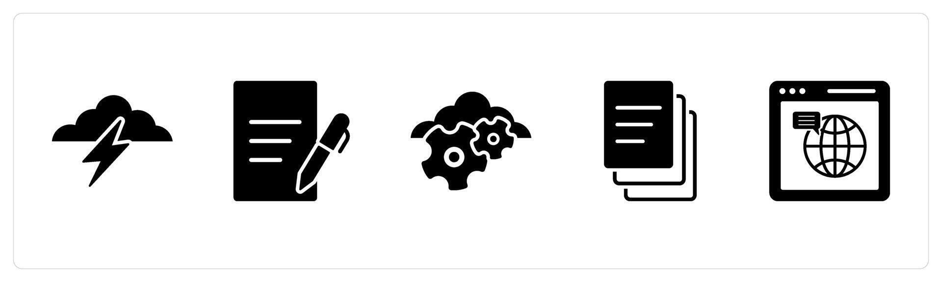 A set of 5 Business icons as cloud lightning, writing, cloud settings, duplicate copy vector