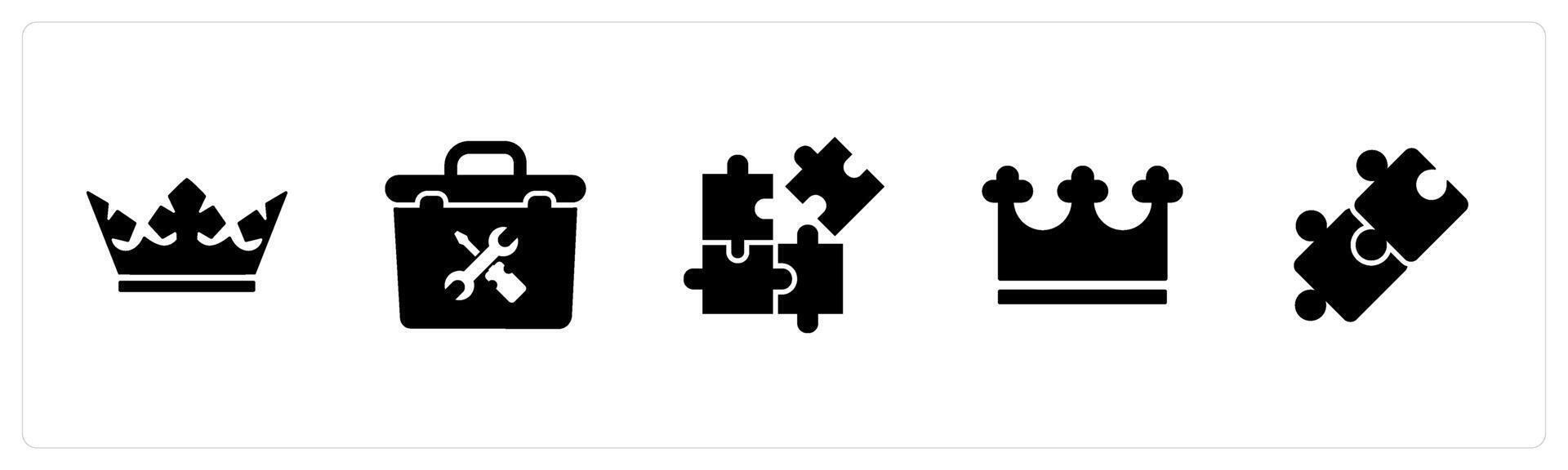 A set of 5 Mix icons as prince crown, repair tool box, puzzle vector