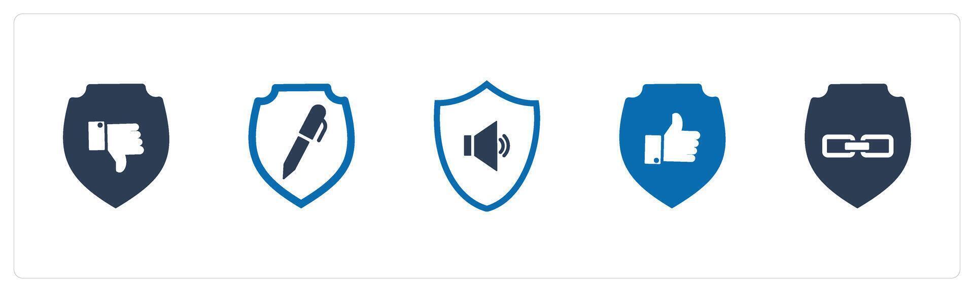 A set of 5 Internet icons as dislike security, edit shield, audio shield vector