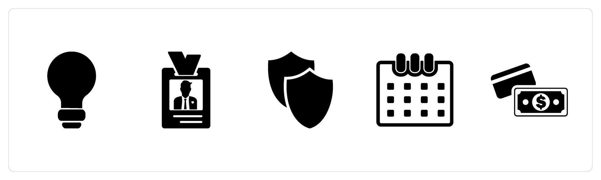 A set of 5 Mix icons as idea bulb, id card, security shield vector