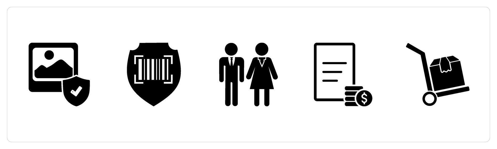 A set of 5 Business icons as gallery security, bar code security, male female vector