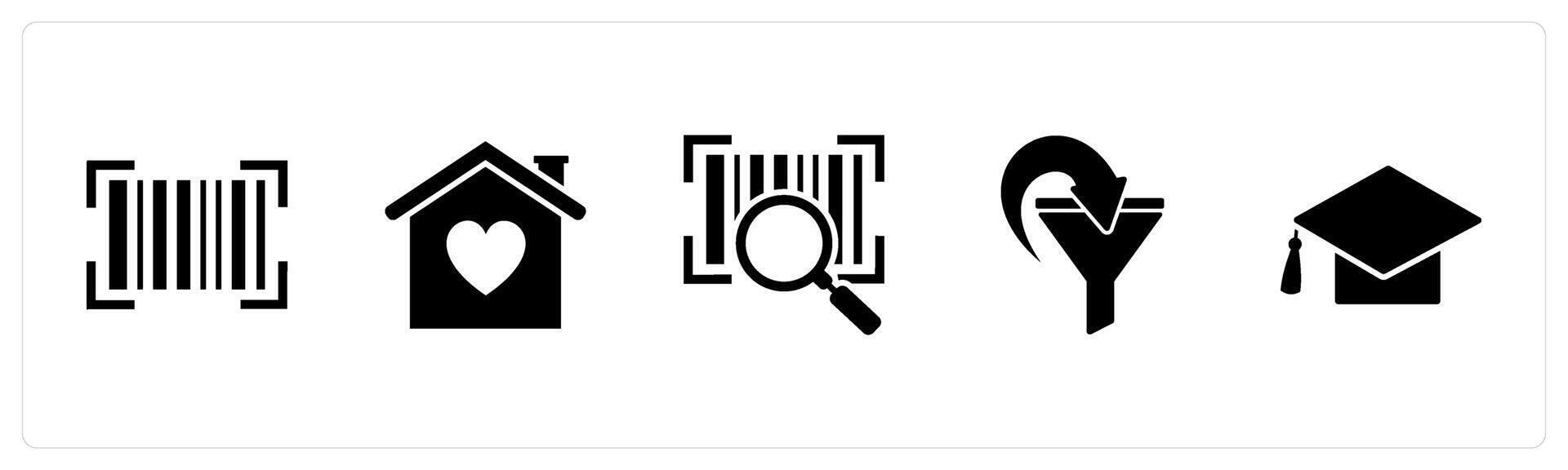 A set of 5 Business icons as bar code, sweet home, search bar code vector