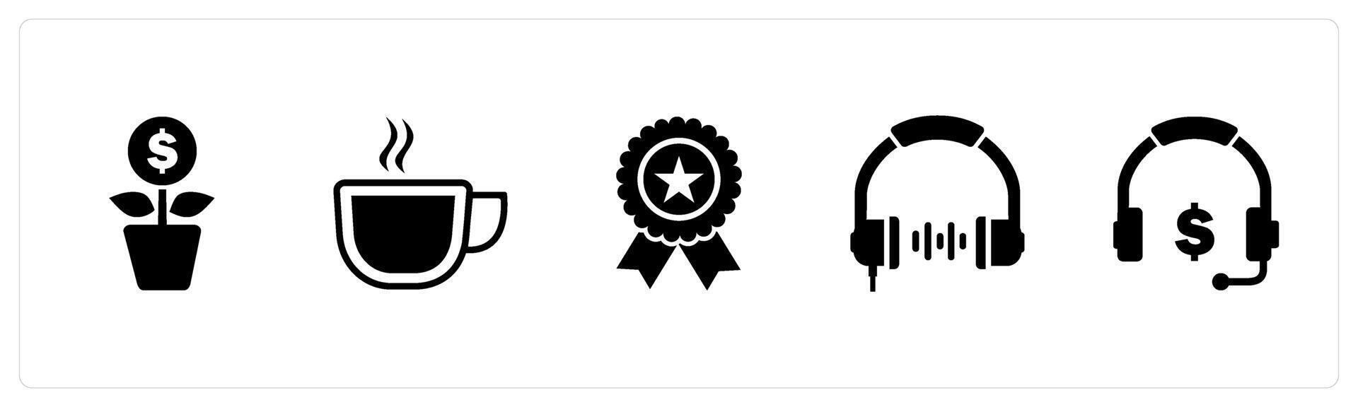 A set of 5 Mix icons as money plant, hot coffee, star badge vector