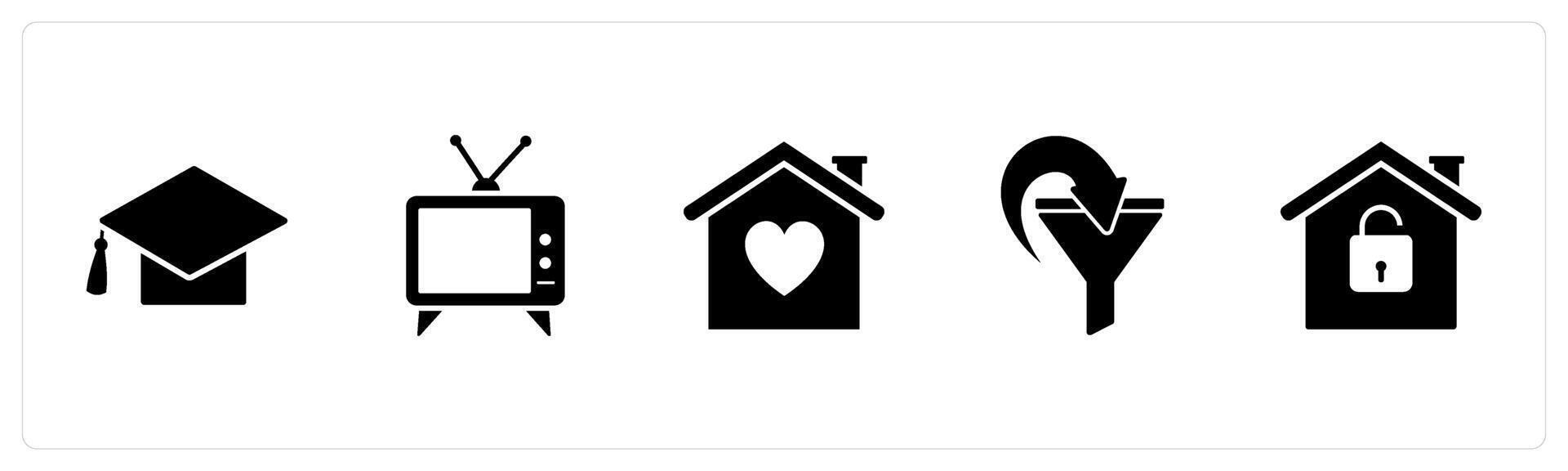 A set of 5 Business icons as graduation cap, tv, sweet home vector