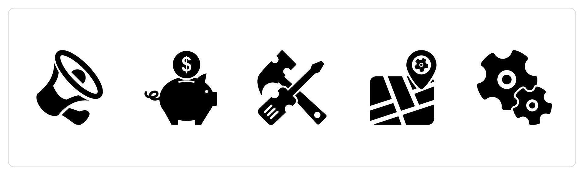 A set of 5 Mix icons as bullhorn, piggy bank, repair tool vector