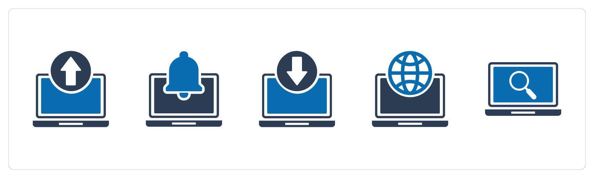 A set of 5 Internet icons as upload laptop, laptop notification, download laptop vector