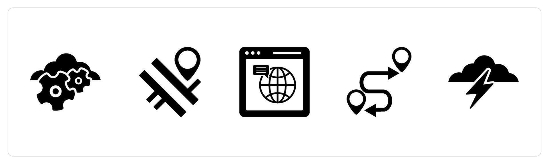 A set of 5 Business icons as cloud settings, road map, web browser vector