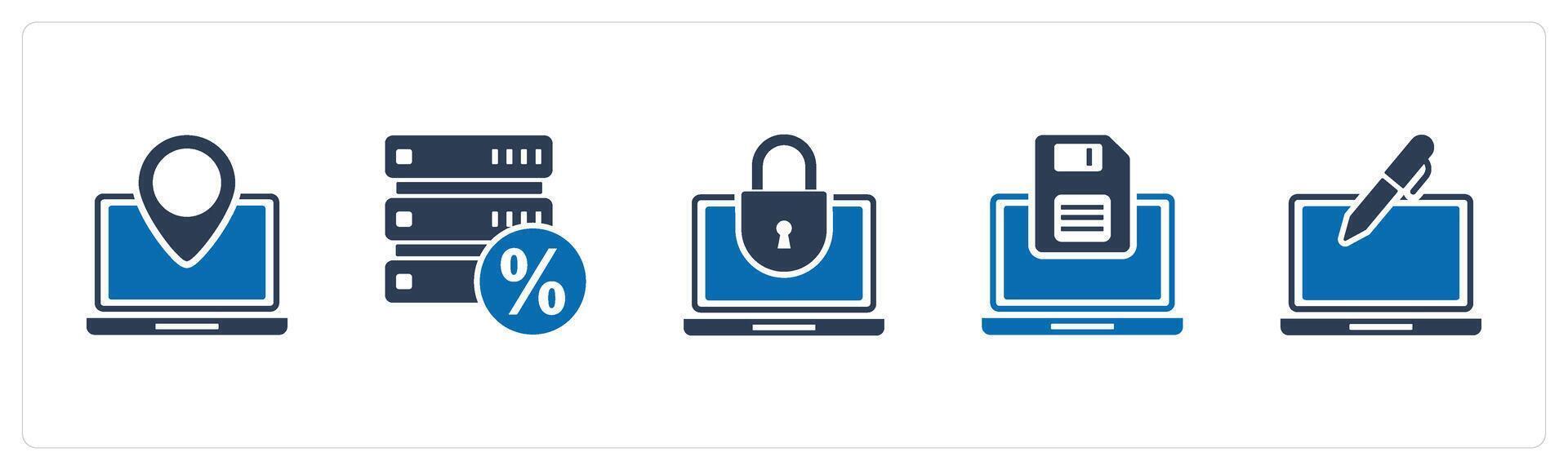 A set of 5 Internet icons as laptop location, server discount, laptop protection vector