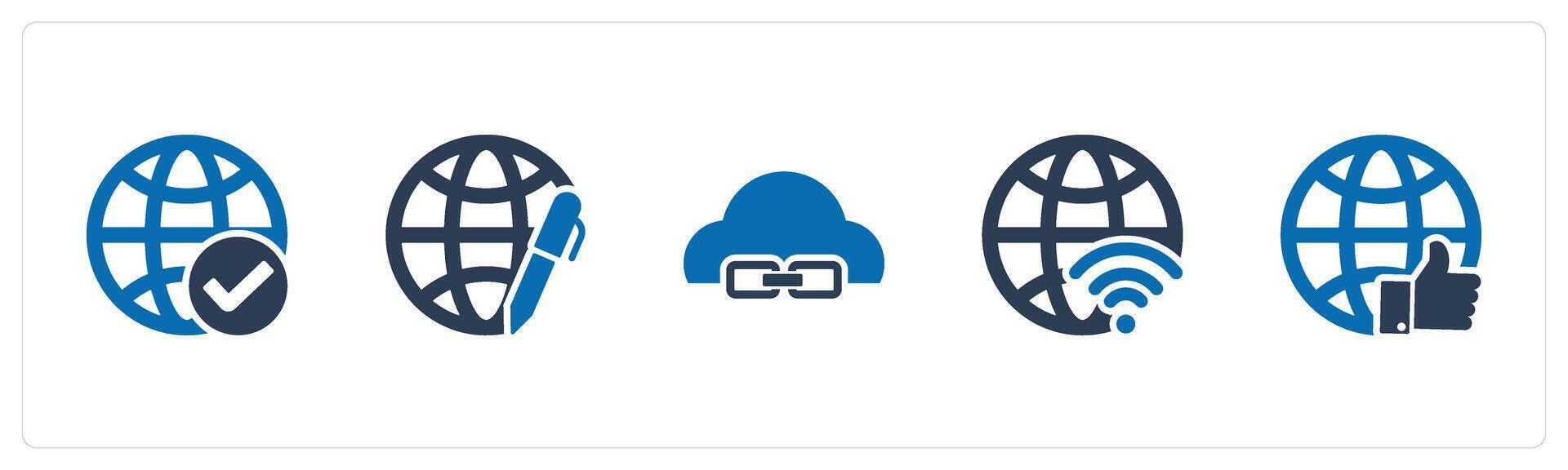 A set of 5 Internet icons as approved global, global edit, link cloud vector