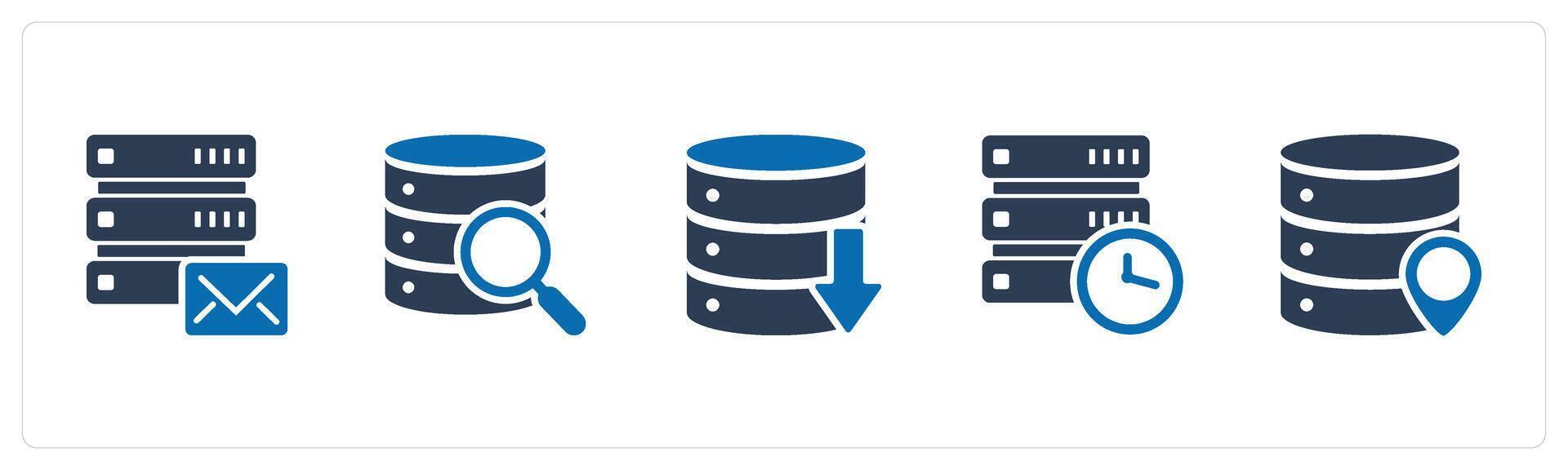 A set of 5 Internet icons as server message, global search, download server vector