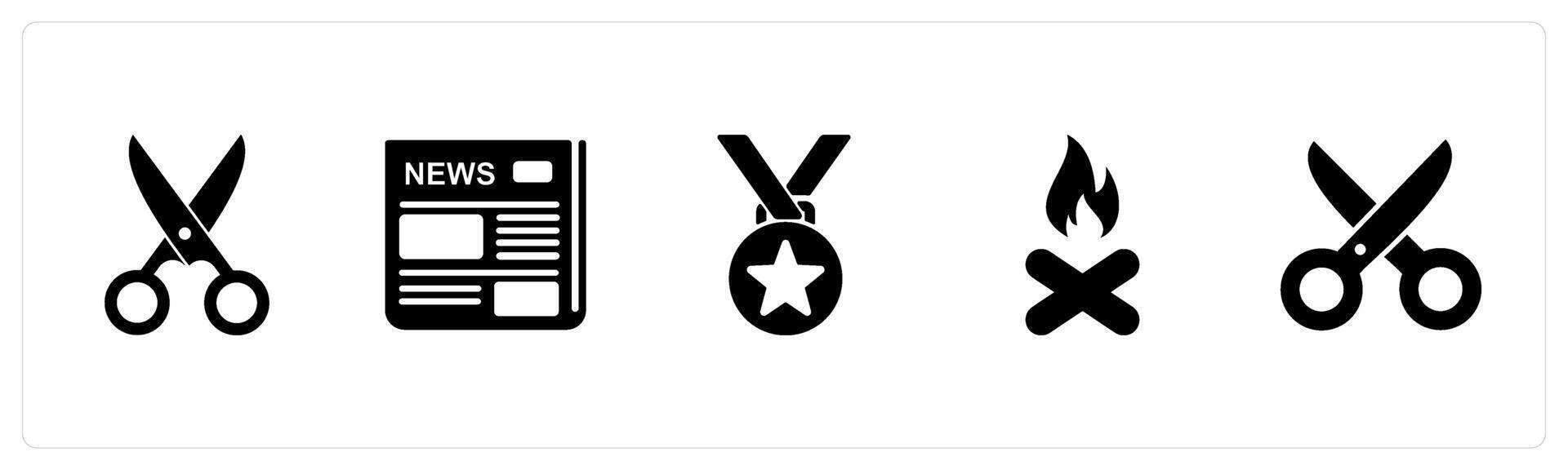 A set of 5 Mix icons as scissor, newspaper, star medal vector