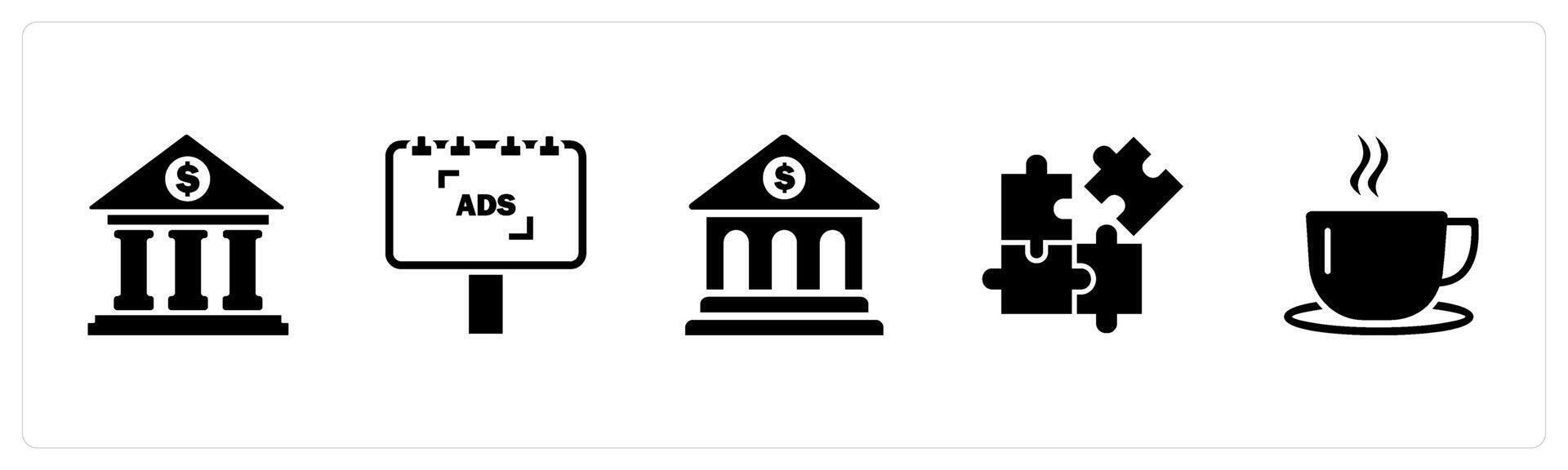 A set of 5 Business icons as bank, ad board, financial institution vector