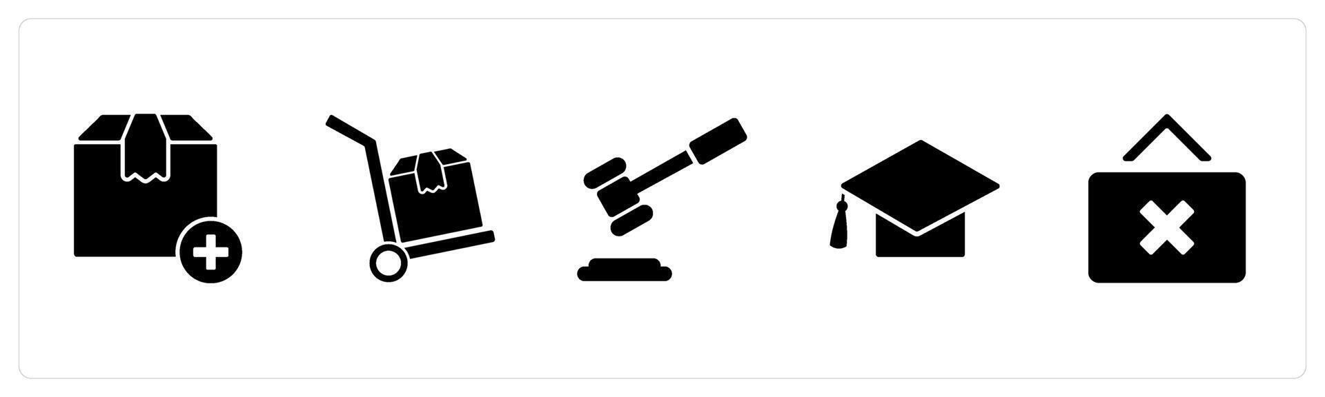 A set of 5 Business icons as add product, luggage trolley, law vector