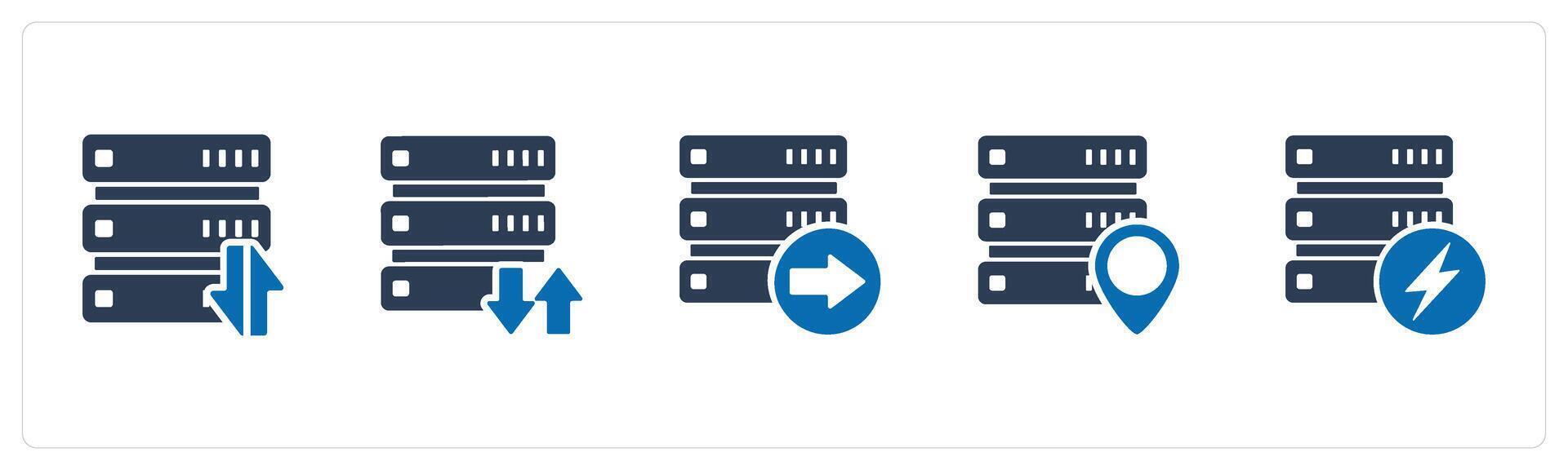A set of 5 Internet icons as synchronize server, send server, server location vector