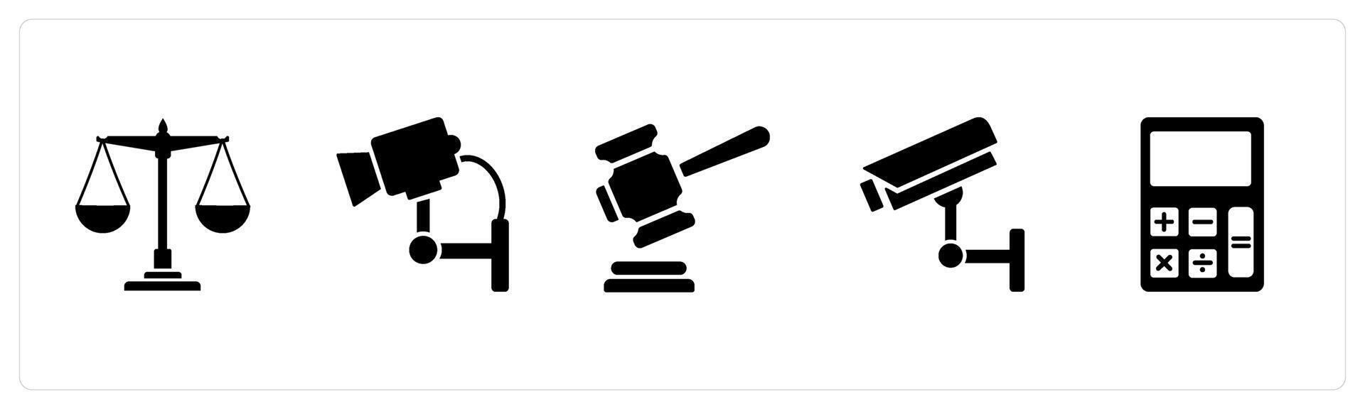 A set of 5 Mix icons as scales of justice, cctv, law vector