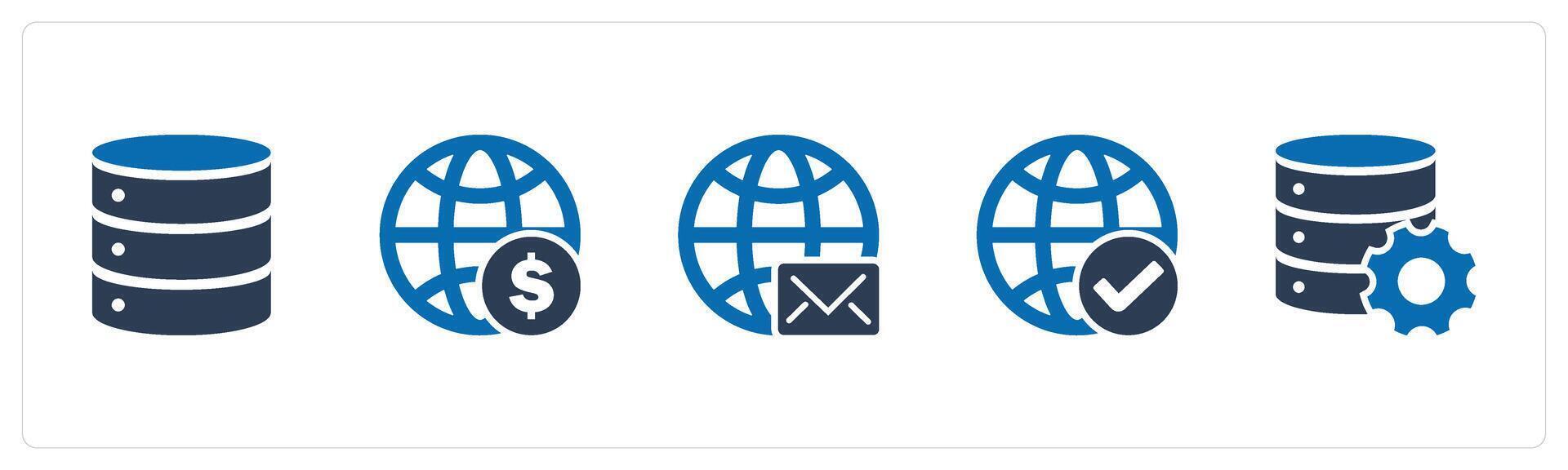 A set of 5 Internet icons as server, financial global, global message vector