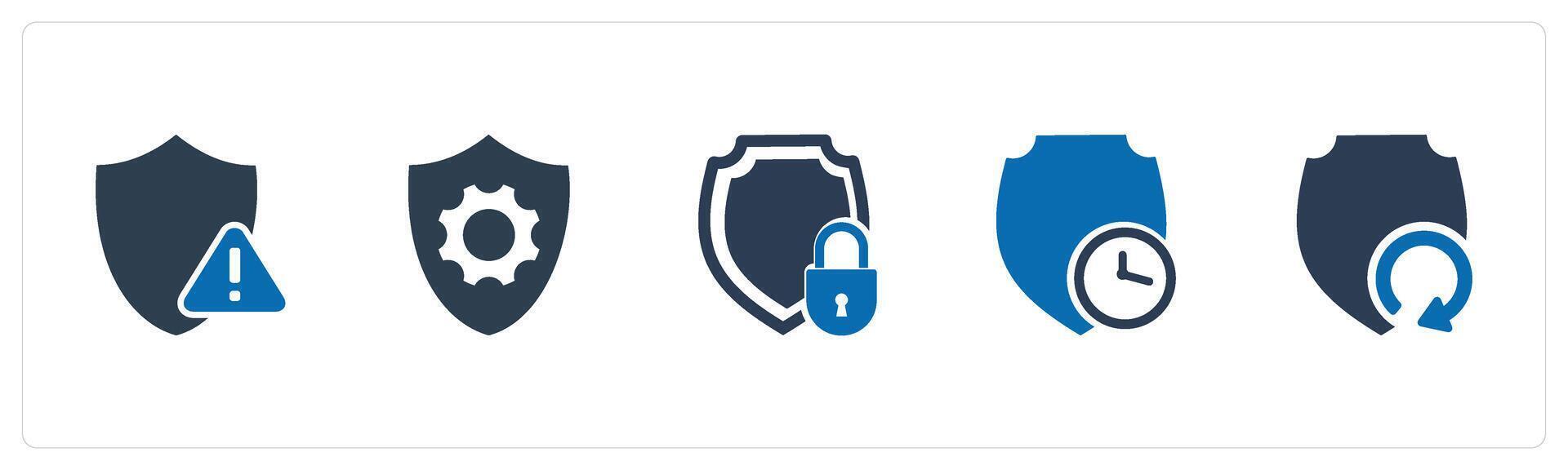 A set of 5 Internet icons as shield error, security setting, security, shield time vector