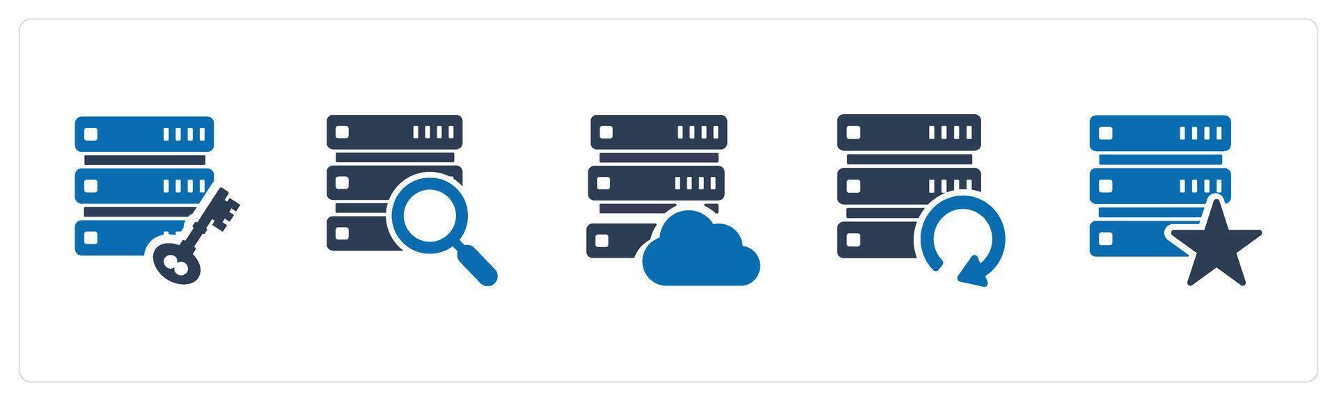 A set of 5 Internet icons as server protection, search database, cloud server vector