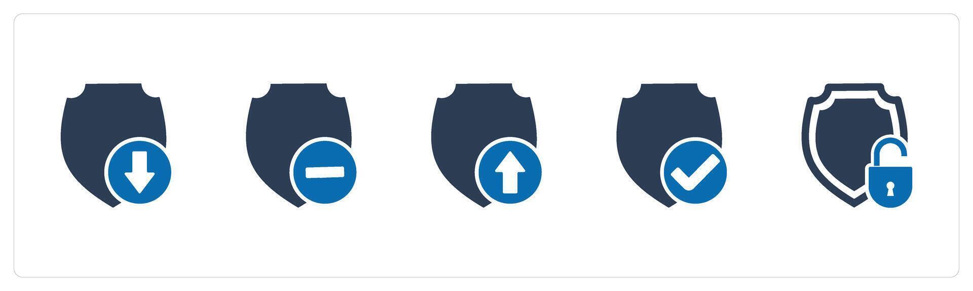 A set of 5 Internet icons as download shield, remove shield, upload shield vector