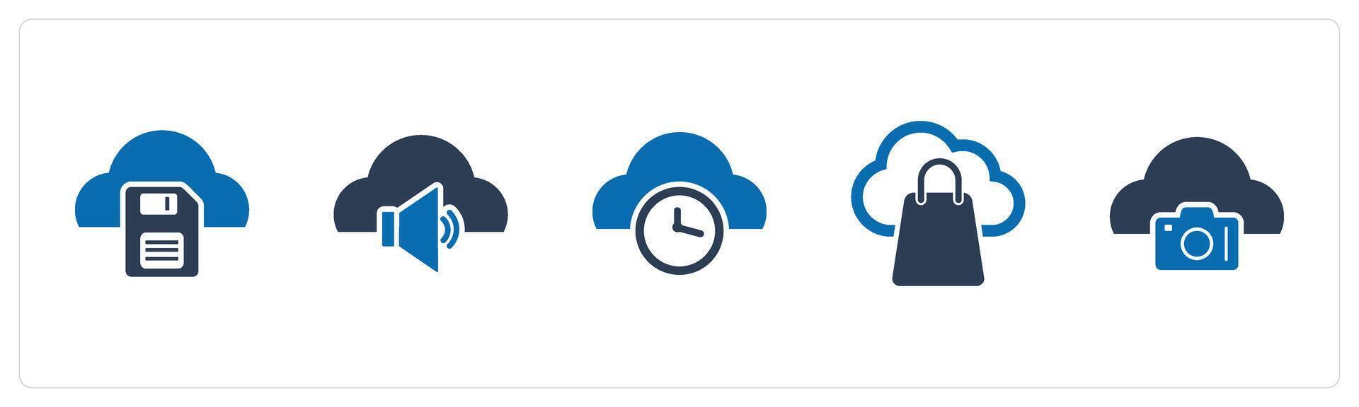 A set of 5 Internet icons as cloud memory card, cloud volume, cloud time vector