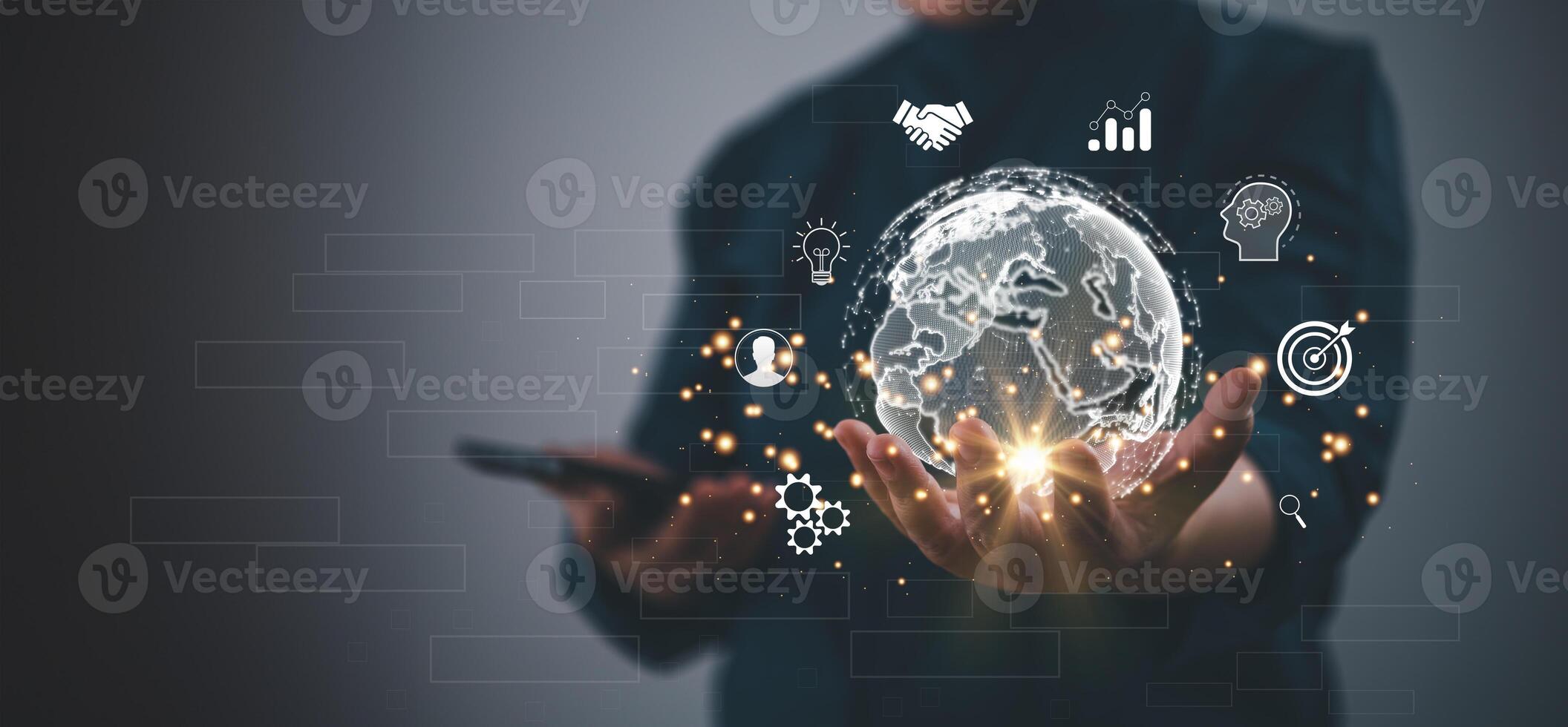 Businessman holding virtual Global Internet connection metaverse. Business global internet connection application technology and digital marketing.Financial and banking, Digital link tech photo