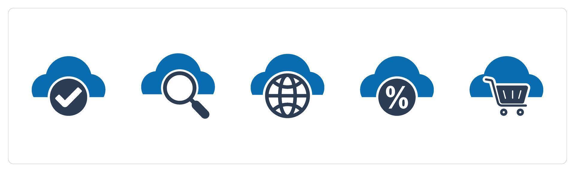 A set of 5 Internet icons as approved cloud, search cloud, global cloud vector