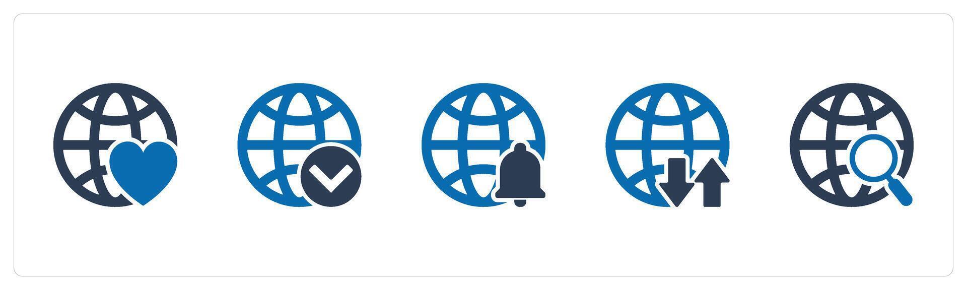 A set of 5 Internet icons as favorite global, globe, global notification vector